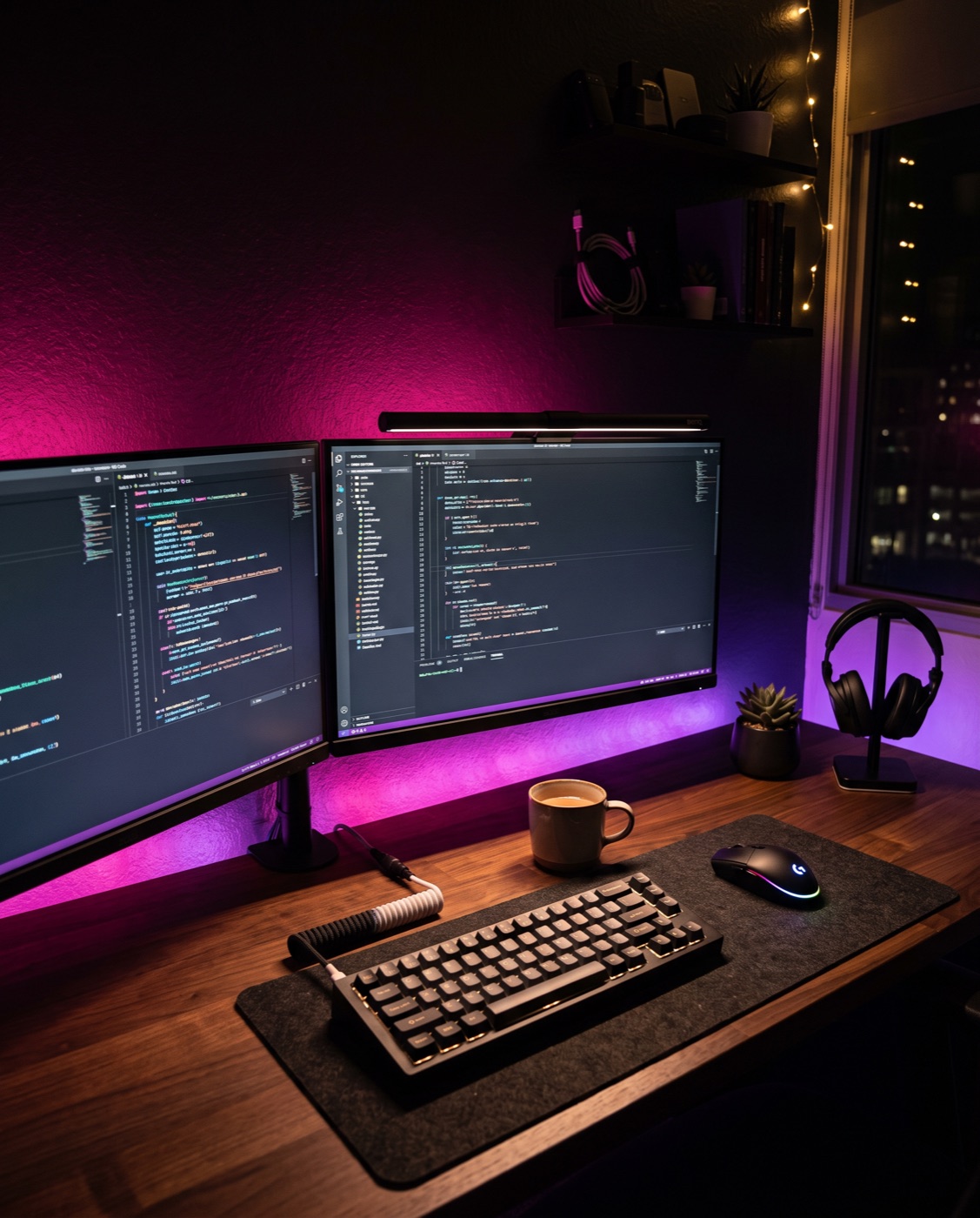 Dual-monitor dev setup with magenta HexGlow backlight